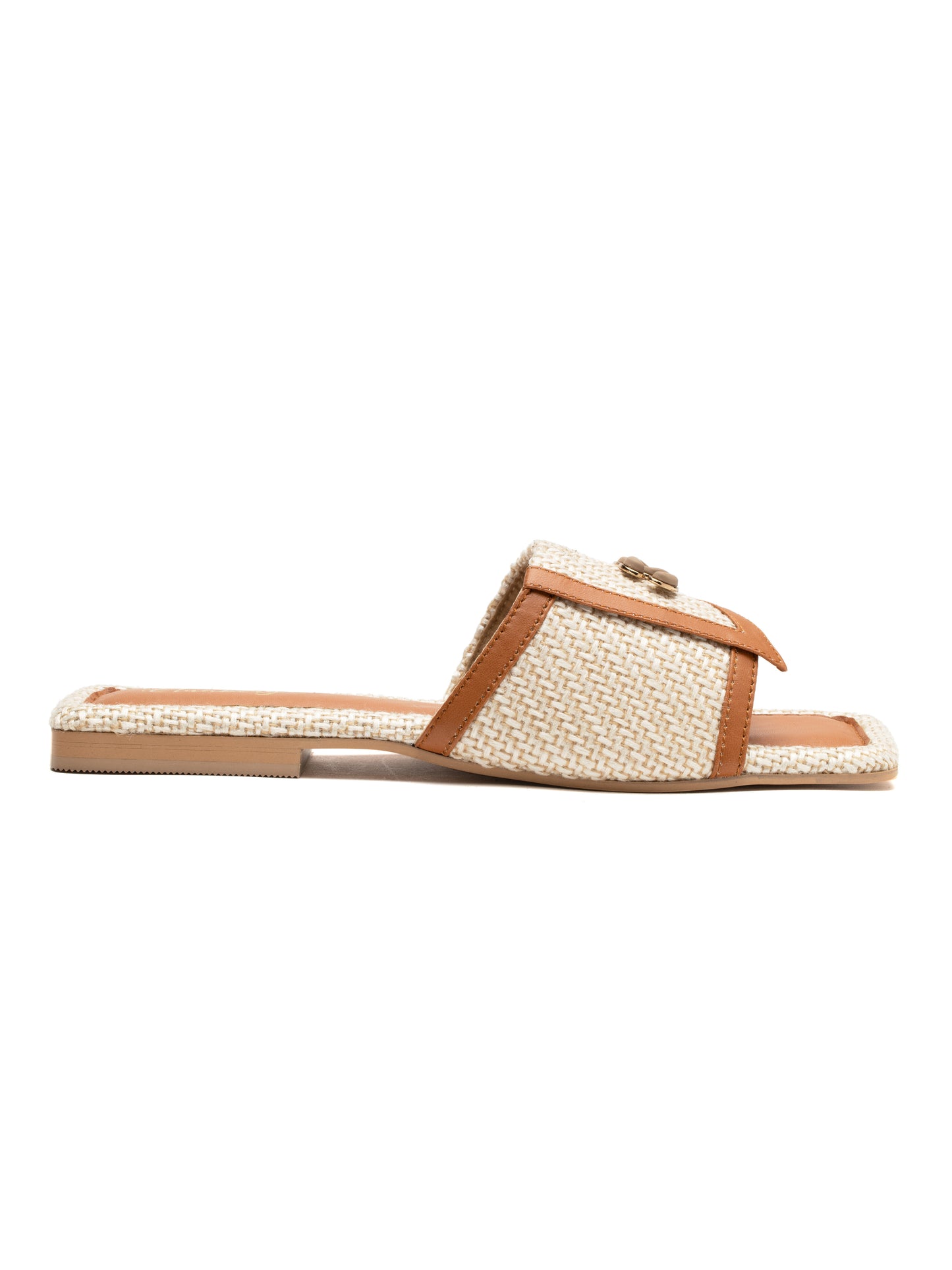 Aureva - Square Toe Slip-On Woven Charm Buckle Flats (Tan & Beige)