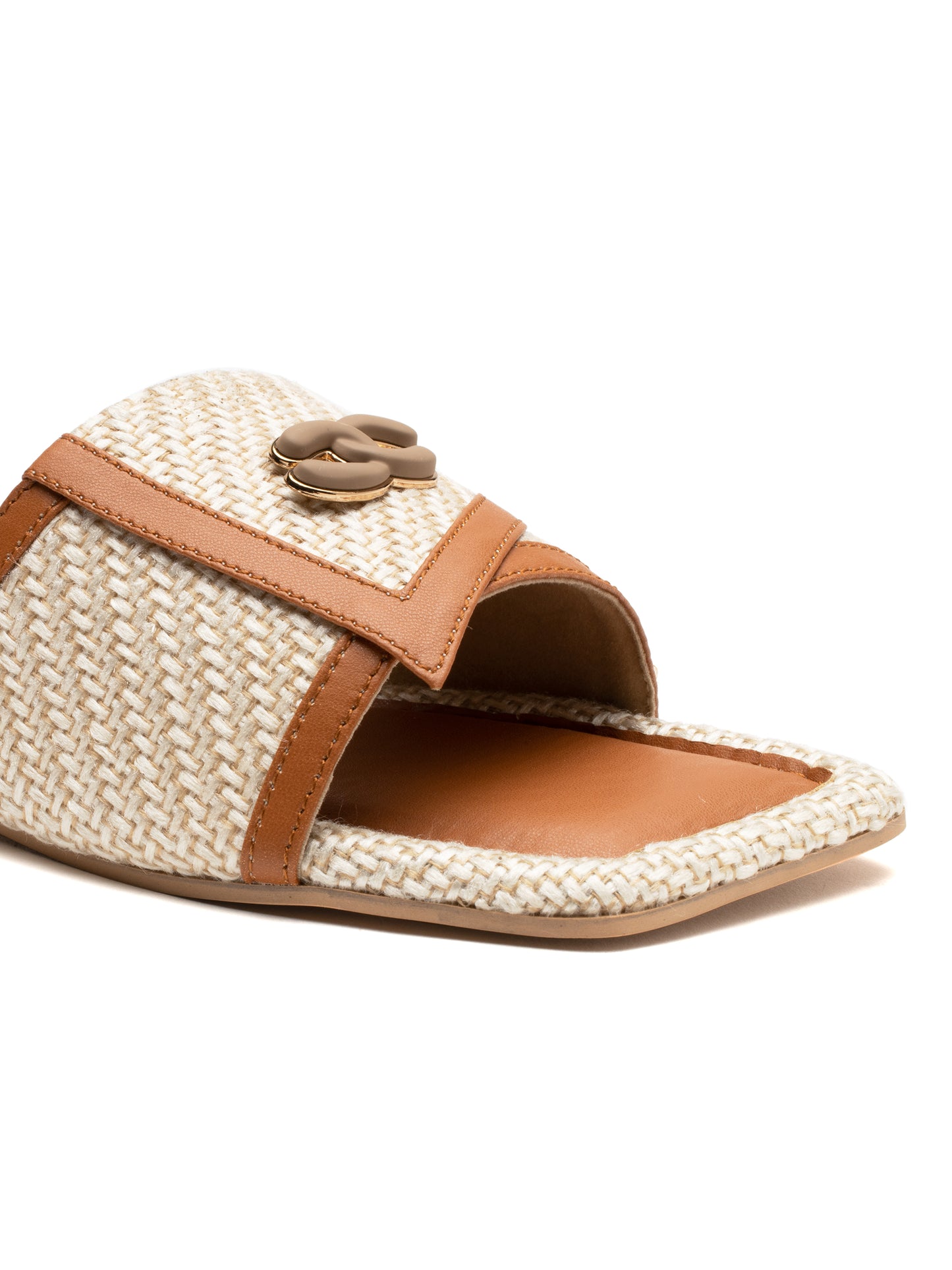 Aureva - Square Toe Slip-On Woven Charm Buckle Flats (Tan & Beige)