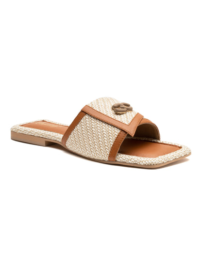 Aureva - Square Toe Slip-On Woven Charm Buckle Flats (Tan & Beige)