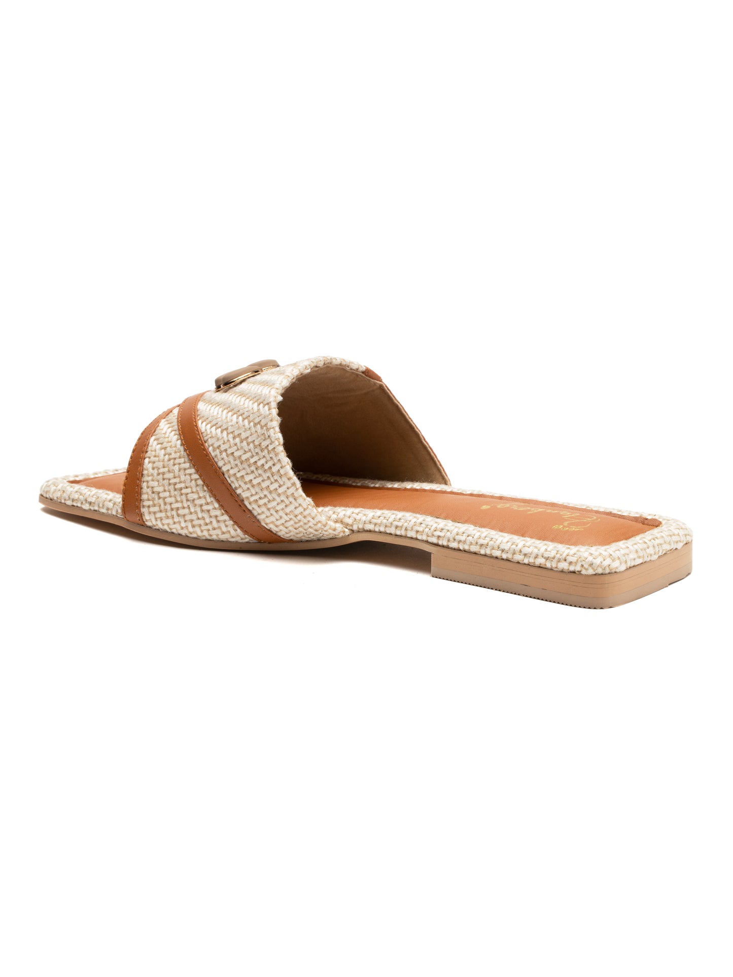 Aureva - Square Toe Slip-On Woven Charm Buckle Flats (Tan & Beige)