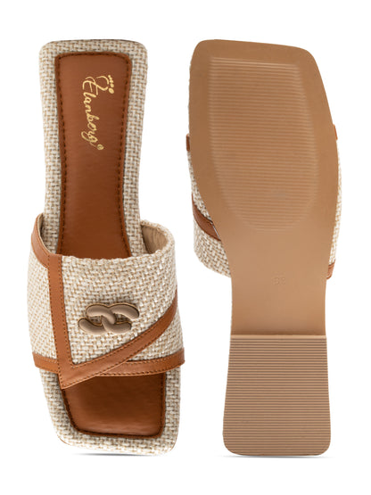 Aureva - Square Toe Slip-On Woven Charm Buckle Flats (Tan & Beige)