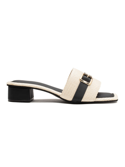 Cavora - Buckle Band Block Heels (Black & Beige)