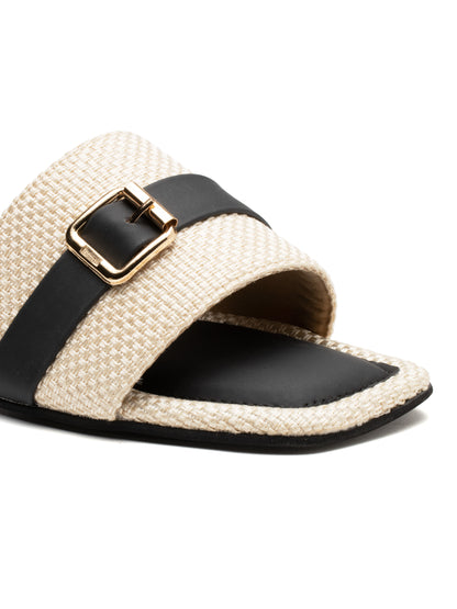 Cavora - Buckle Band Block Heels (Black & Beige)