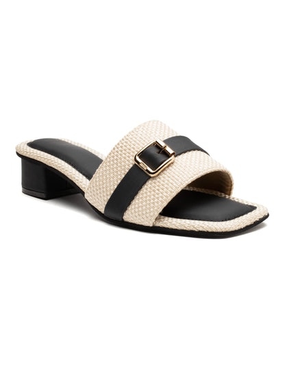 Cavora - Buckle Band Block Heels (Black & Beige)