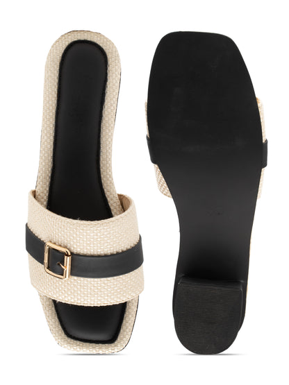 Cavora - Buckle Band Block Heels (Black & Beige)