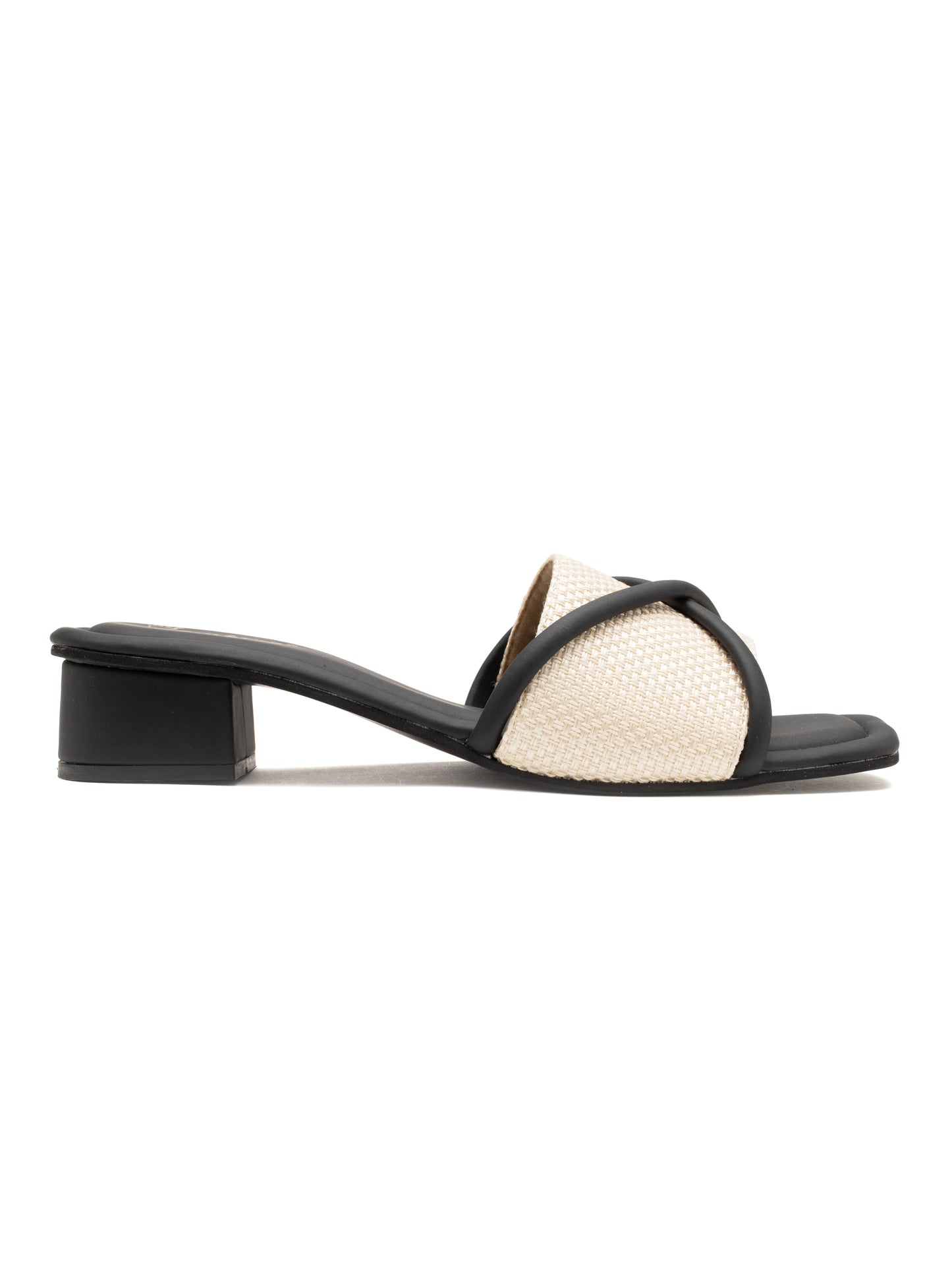 Noirix - Woven Corded Crisscross Block Heel Slides (Black & Beige)