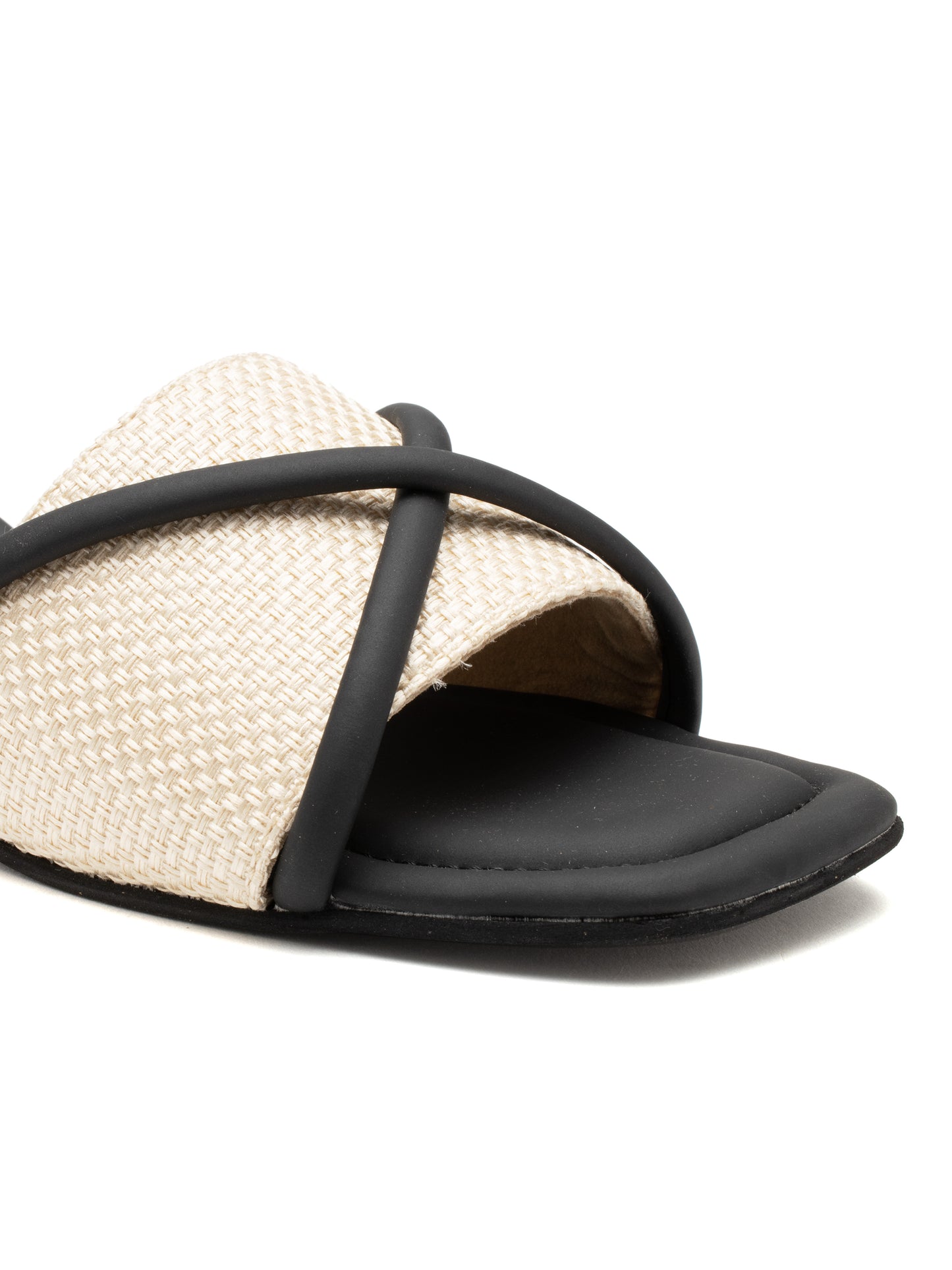 Noirix - Woven Corded Crisscross Block Heel Slides (Black & Beige)