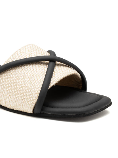 Noirix - Woven Corded Crisscross Block Heel Slides (Black & Beige)