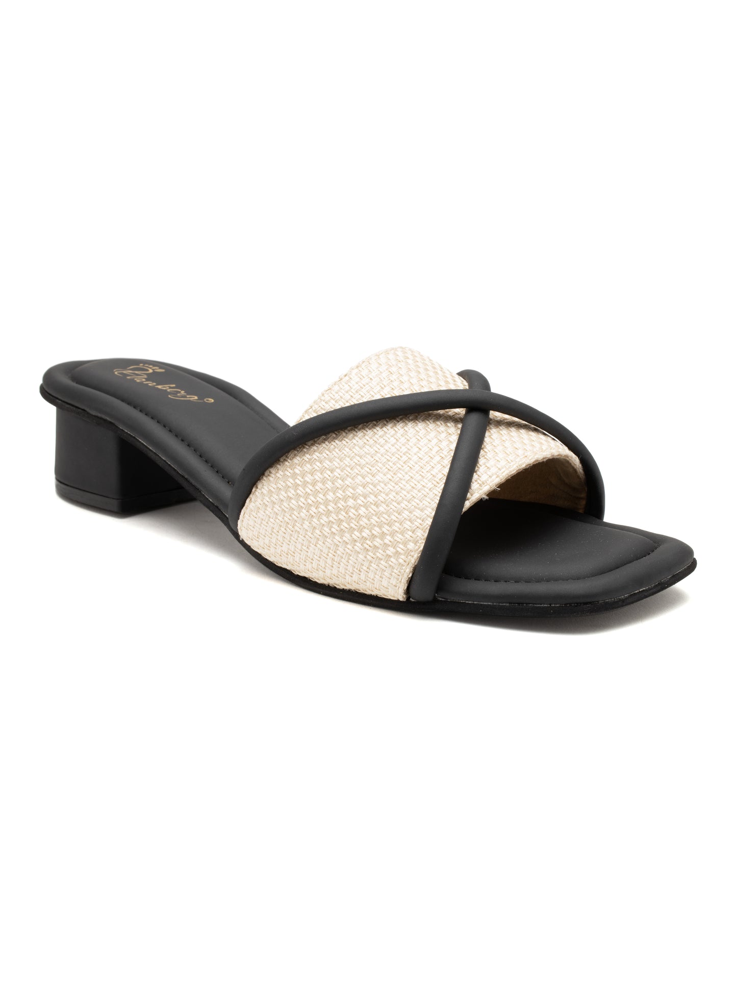Noirix - Woven Corded Crisscross Block Heel Slides (Black & Beige)