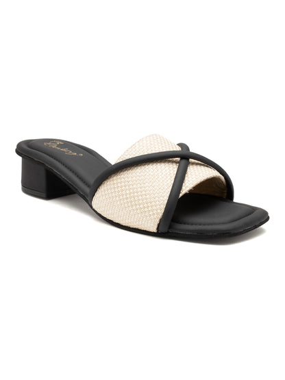 Noirix - Woven Corded Crisscross Block Heel Slides (Black & Beige)