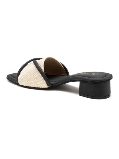 Noirix - Woven Corded Crisscross Block Heel Slides (Black & Beige)