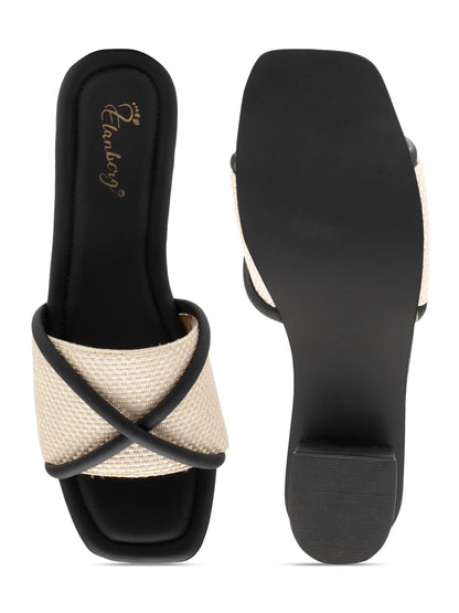 Noirix - Woven Corded Crisscross Block Heel Slides (Black & Beige)