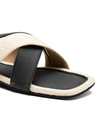 Noira - Square Toe Slip-On Flat with Dual Crisscross Straps (Black & Beige)