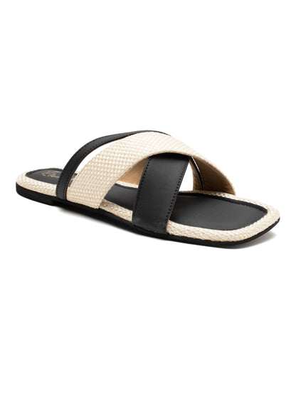 Noira - Square Toe Slip-On Flat with Dual Crisscross Straps (Black & Beige)