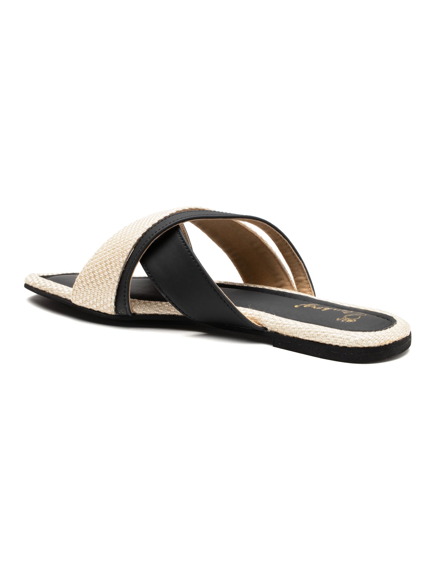 Noira - Square Toe Slip-On Flat with Dual Crisscross Straps (Black & Beige)
