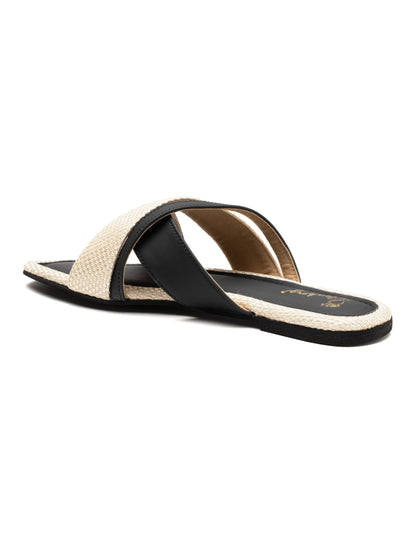 Noira - Square Toe Slip-On Flat with Dual Crisscross Straps (Black & Beige)