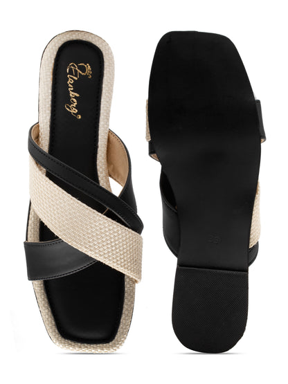 Noira - Square Toe Slip-On Flat with Dual Crisscross Straps (Black & Beige)
