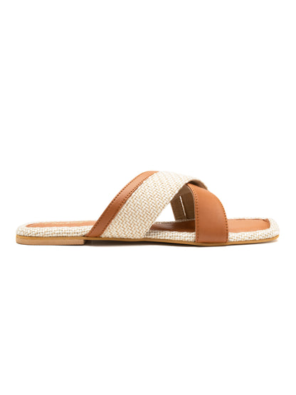 Terrona - Square Toe Slip-On Flat with Dual Crisscross Straps (Tan & Beige)