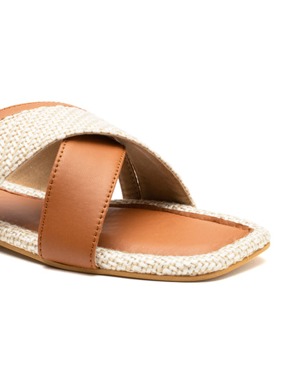 Terrona - Square Toe Slip-On Flat with Dual Crisscross Straps (Tan & Beige)