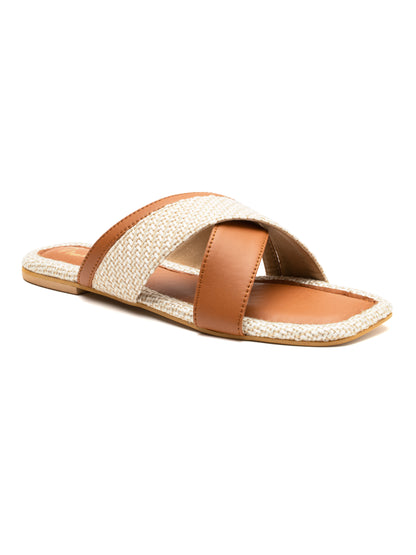 Terrona - Square Toe Slip-On Flat with Dual Crisscross Straps (Tan & Beige)
