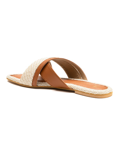 Terrona - Square Toe Slip-On Flat with Dual Crisscross Straps (Tan & Beige)