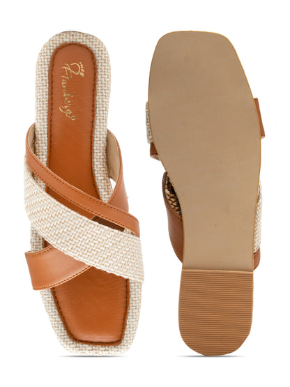 Terrona - Square Toe Slip-On Flat with Dual Crisscross Straps (Tan & Beige)