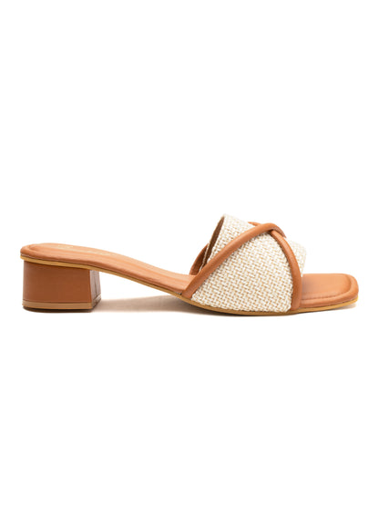 Solara - Woven Corded Crisscross Block Heel Slides (Tan & Beige)