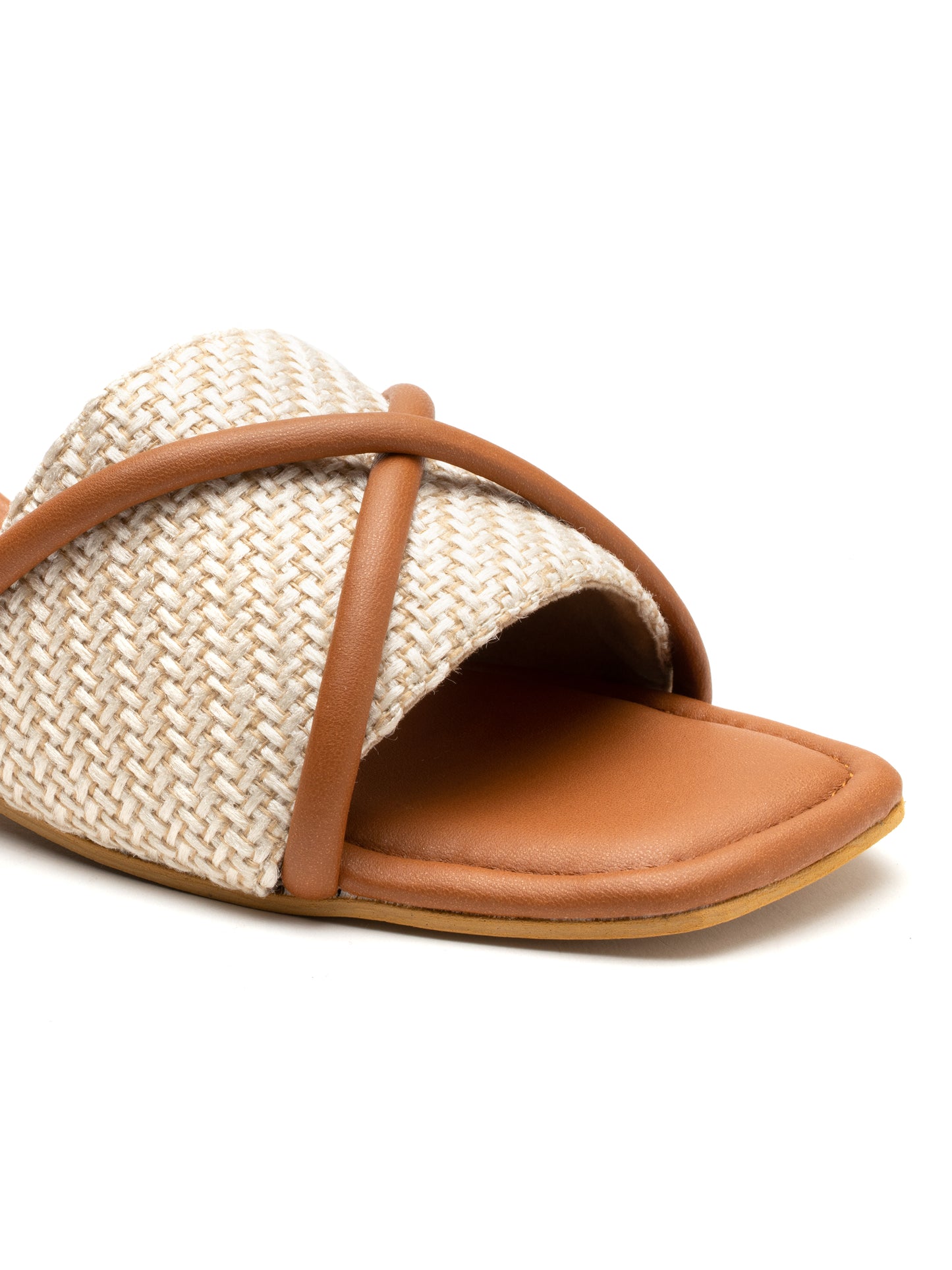 Solara - Woven Corded Crisscross Block Heel Slides (Tan & Beige)