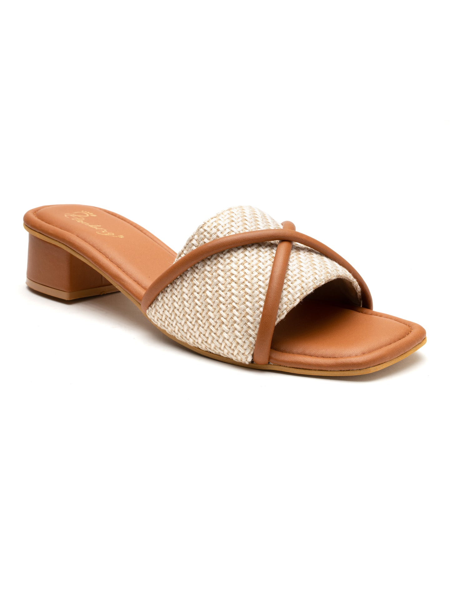 Solara - Woven Corded Crisscross Block Heel Slides (Tan & Beige)