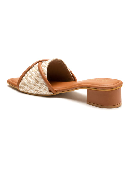 Solara - Woven Corded Crisscross Block Heel Slides (Tan & Beige)