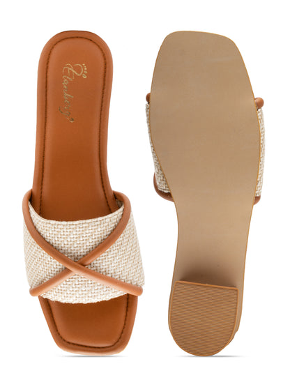 Solara - Woven Corded Crisscross Block Heel Slides (Tan & Beige)