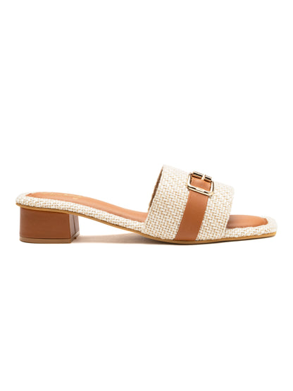 Briora - Buckle Band Block Heels (Tan & Beige)