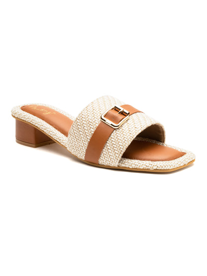Briora - Buckle Band Block Heels (Tan & Beige)