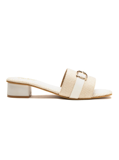 Alvara - Buckle Band Block Heels (White & Beige)