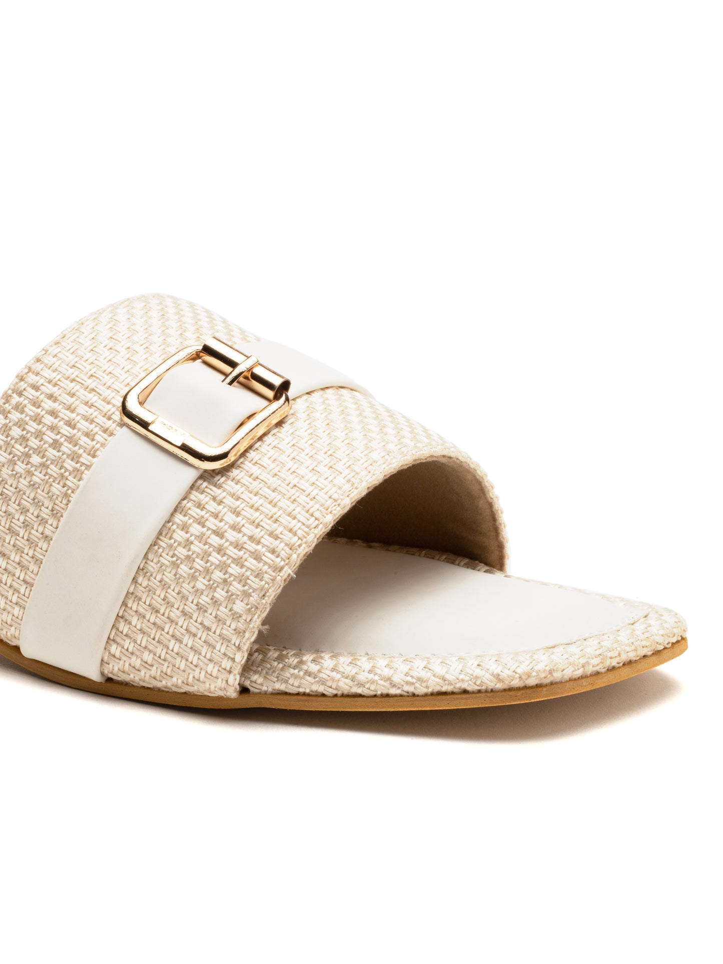 Alvara - Buckle Band Block Heels (White & Beige)