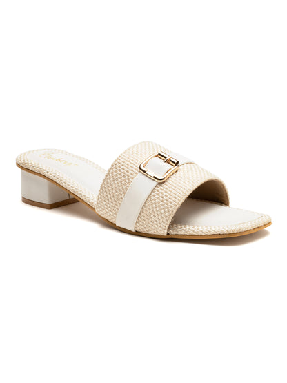 Alvara - Buckle Band Block Heels (White & Beige)