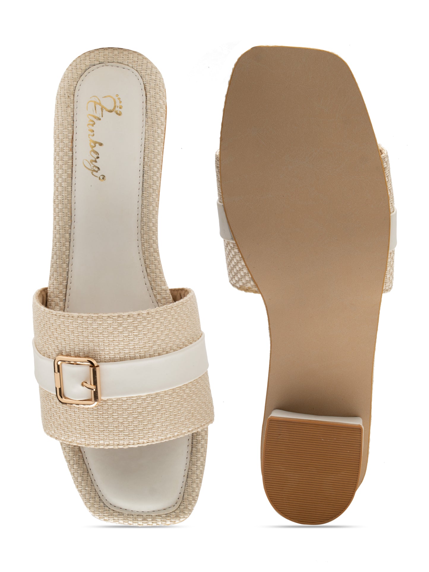Alvara - Buckle Band Block Heels (White & Beige)