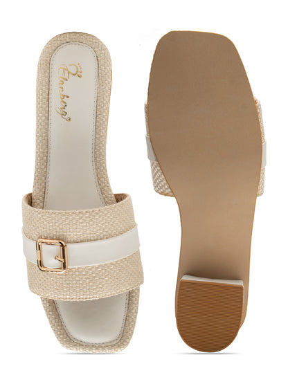 Alvara - Buckle Band Block Heels (White & Beige)