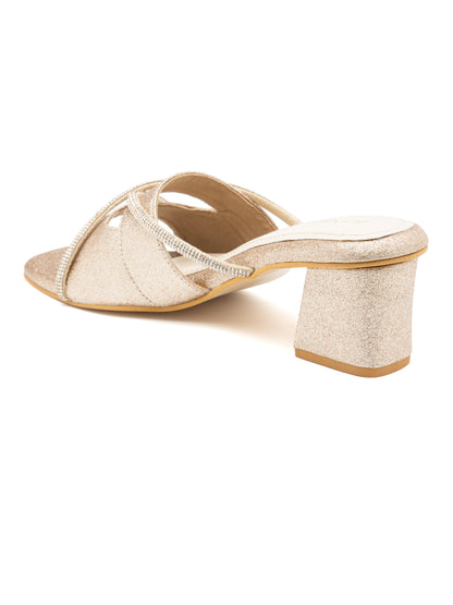 Auristel - Women’s Antique Gold Glitter Block Heels with golden Straps
