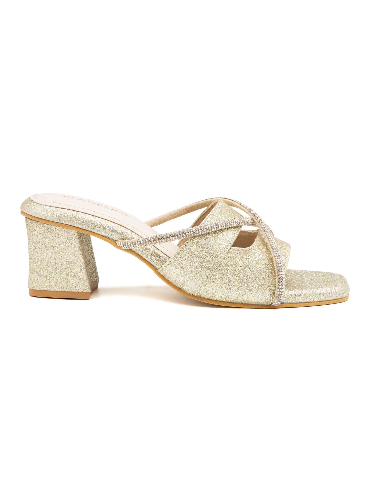 Elvion - Women’s Light Gold Glitter Block Heels with golden Straps