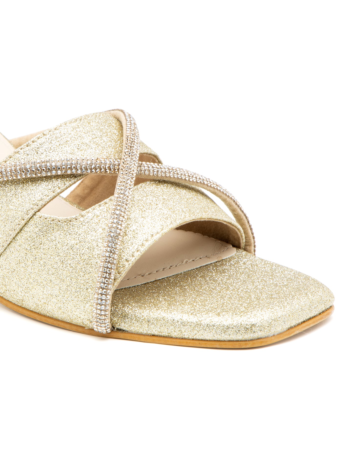 Elvion - Women’s Light Gold Glitter Block Heels with golden Straps