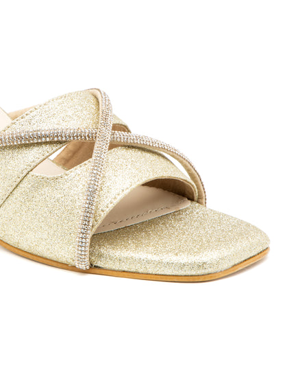 Elvion - Women’s Light Gold Glitter Block Heels with golden Straps