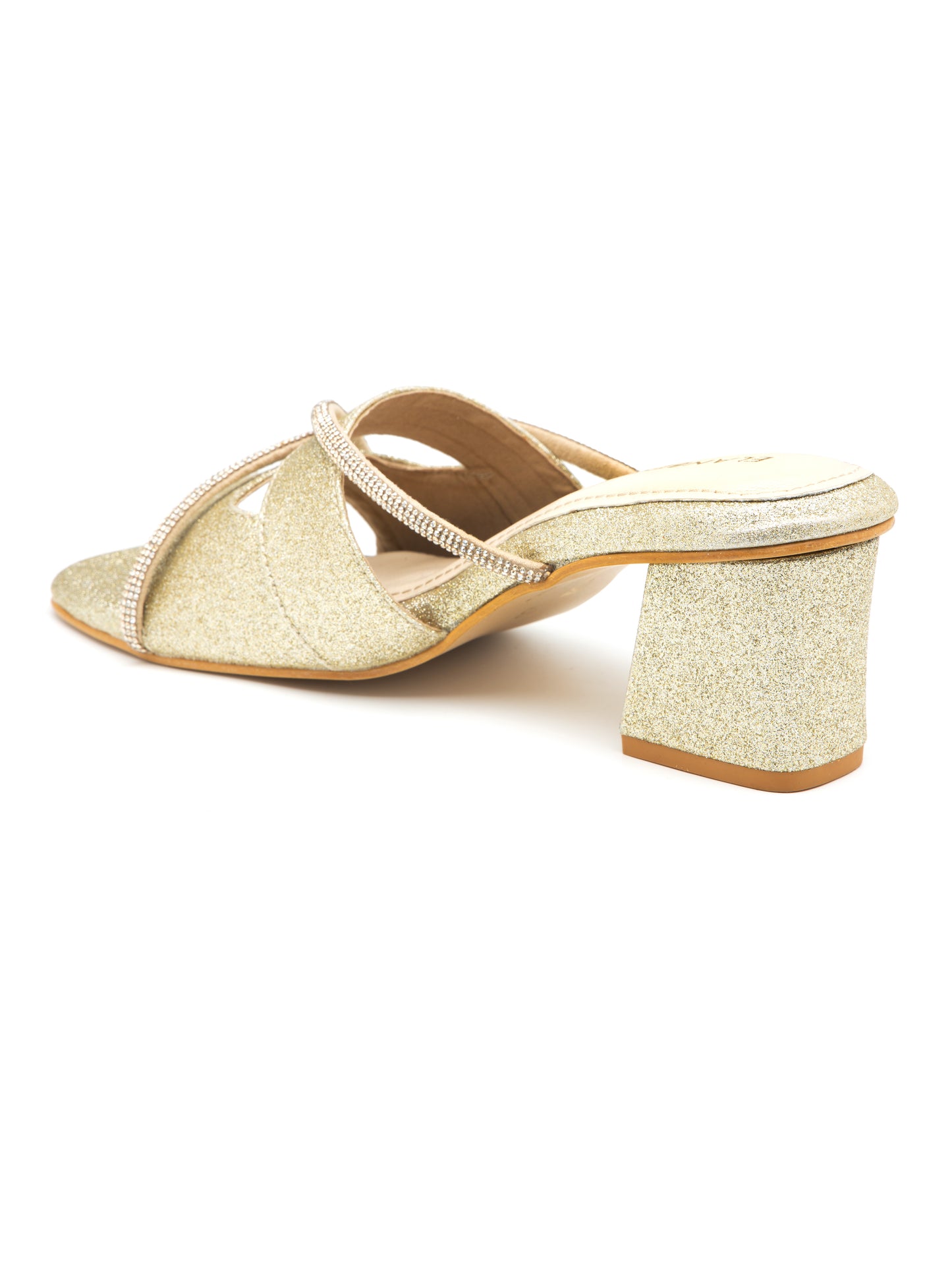 Elvion - Women’s Light Gold Glitter Block Heels with golden Straps