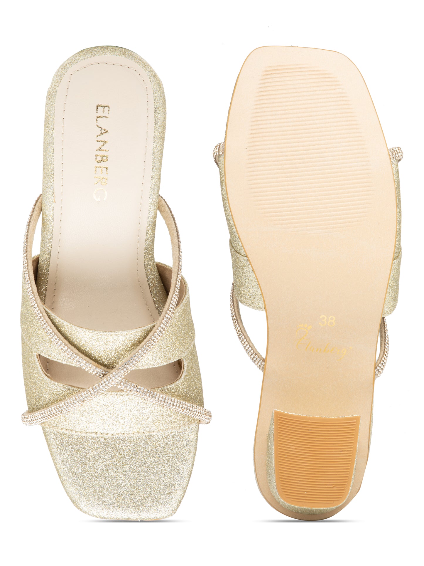 Elvion - Women’s Light Gold Glitter Block Heels with golden Straps