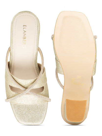 Elvion - Women’s Light Gold Glitter Block Heels with golden Straps
