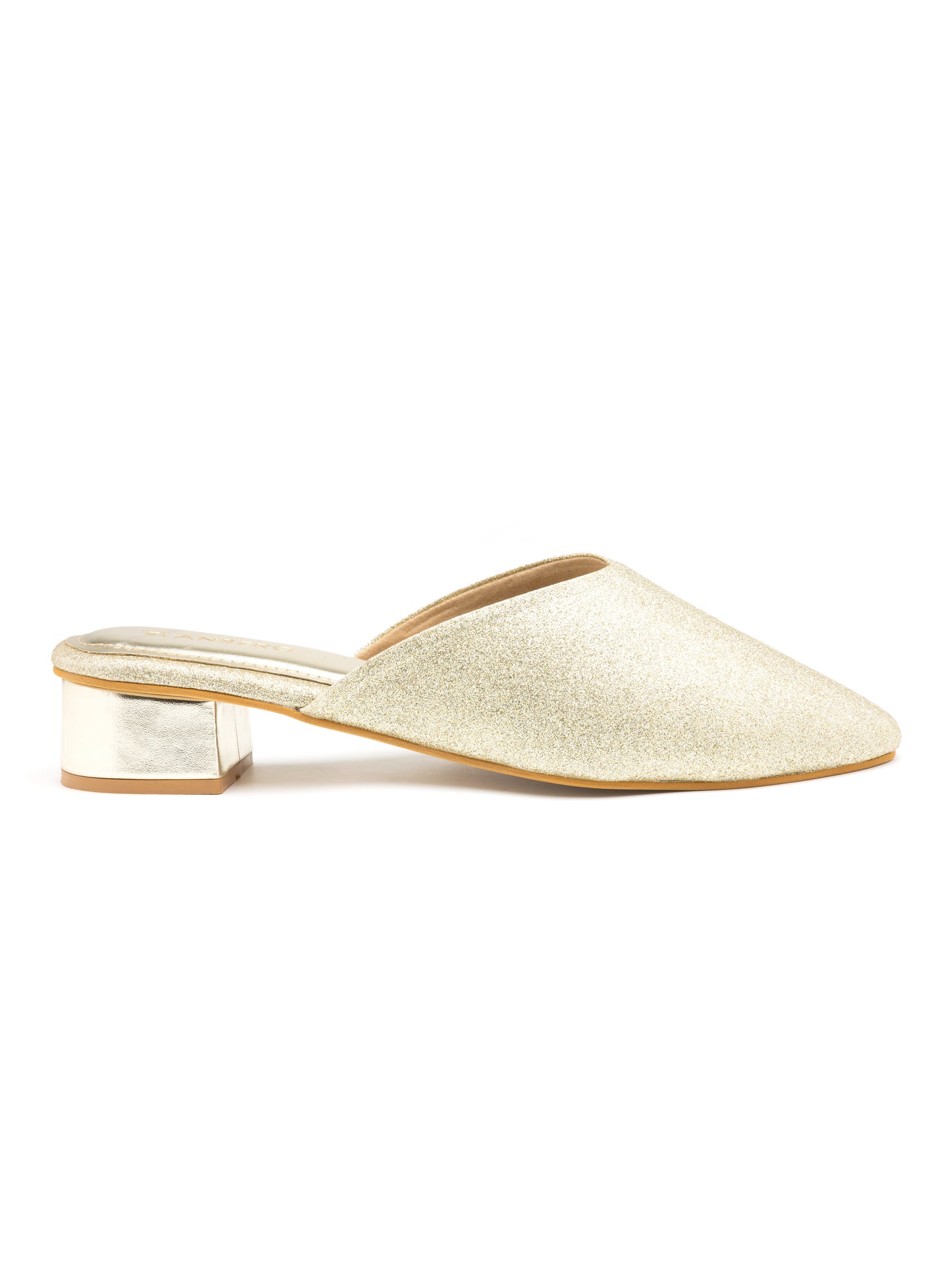 Lustara - Women’s Light Gold Shimmer Round Pointed (Toe Mules with Metallic Block Heel)