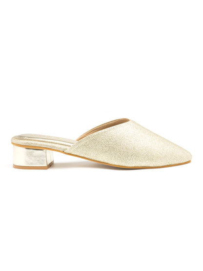 Lustara - Women’s Light Gold Shimmer Round Pointed (Toe Mules with Metallic Block Heel)