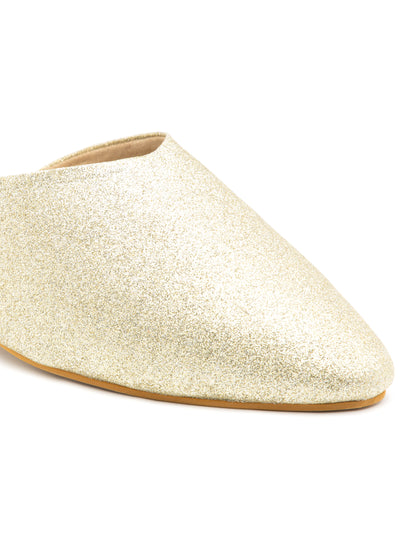 Lustara - Women’s Light Gold Shimmer Round Pointed (Toe Mules with Metallic Block Heel)