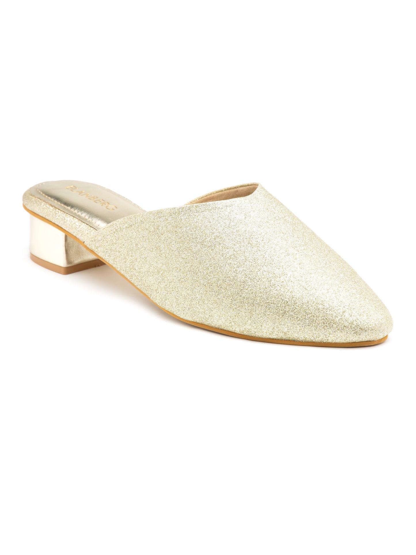 Lustara - Women’s Light Gold Shimmer Round Pointed (Toe Mules with Metallic Block Heel)