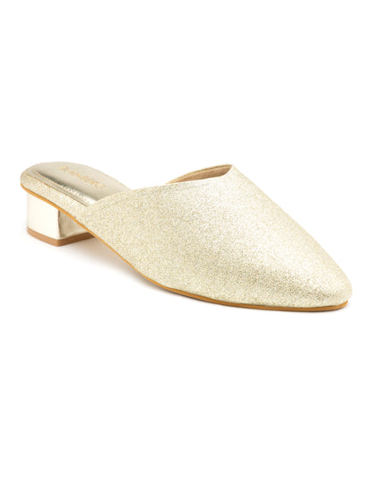 Lustara - Women’s Light Gold Shimmer Round Pointed (Toe Mules with Metallic Block Heel)